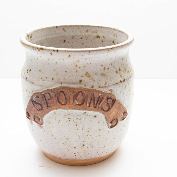 Stoneware Speckled Studio Art pottery Studio Spoon Dish Jar Holder Signed Fry 6" - Picture 1 of 7
